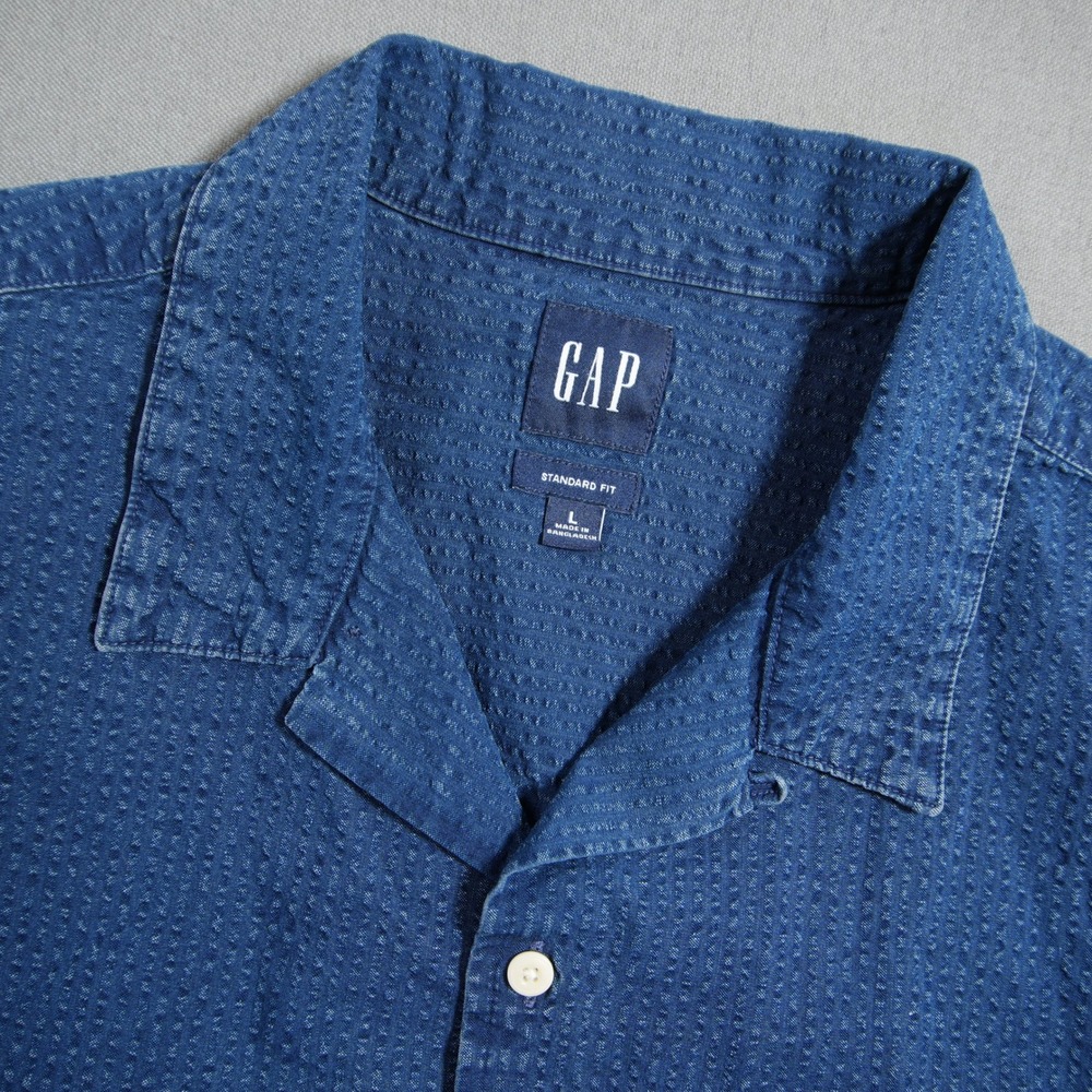 GAP Seersucker Camp Chambray Textured Denim Short Sleeve Men Shirt L Coastal